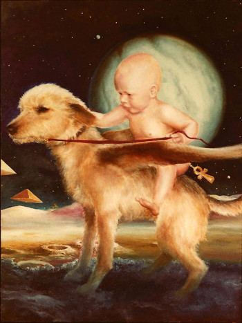 Ely rides his dog Sag as they fly to other Worlds Ely rides his dog Sag as they fly to other Worlds